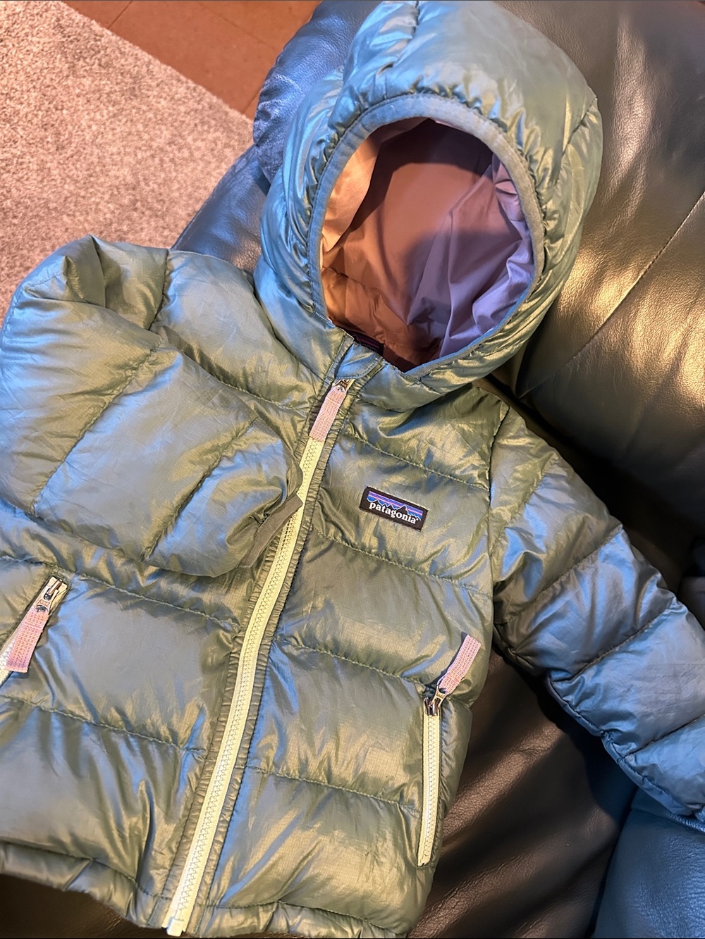 Patagonia Kids Hooded Puffer Jacket - Sage Green with Light Pink Accents
